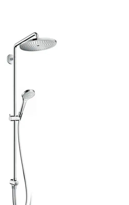Dusche von Hansgrohe, bestehend aus einer festen Kopfbrause und einer Handbrause, montiert an einer eleganten Stange mit verchromten Oberflächen.